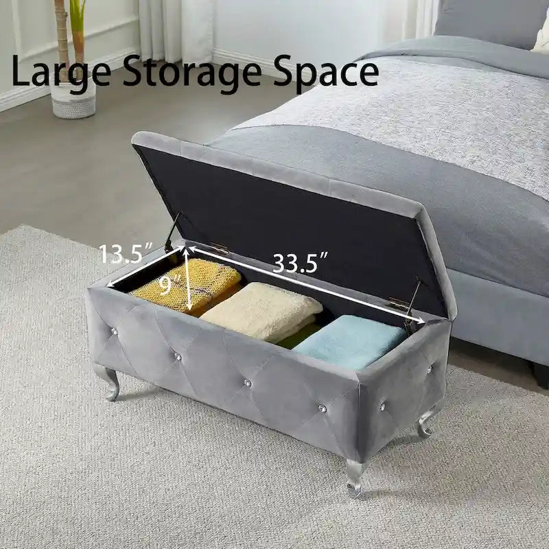 Upholstered Storage Ottoman Bench For Bedroom End Of Bed Storage Benches Footrest With Crystal Buttons For Living Room Entryway