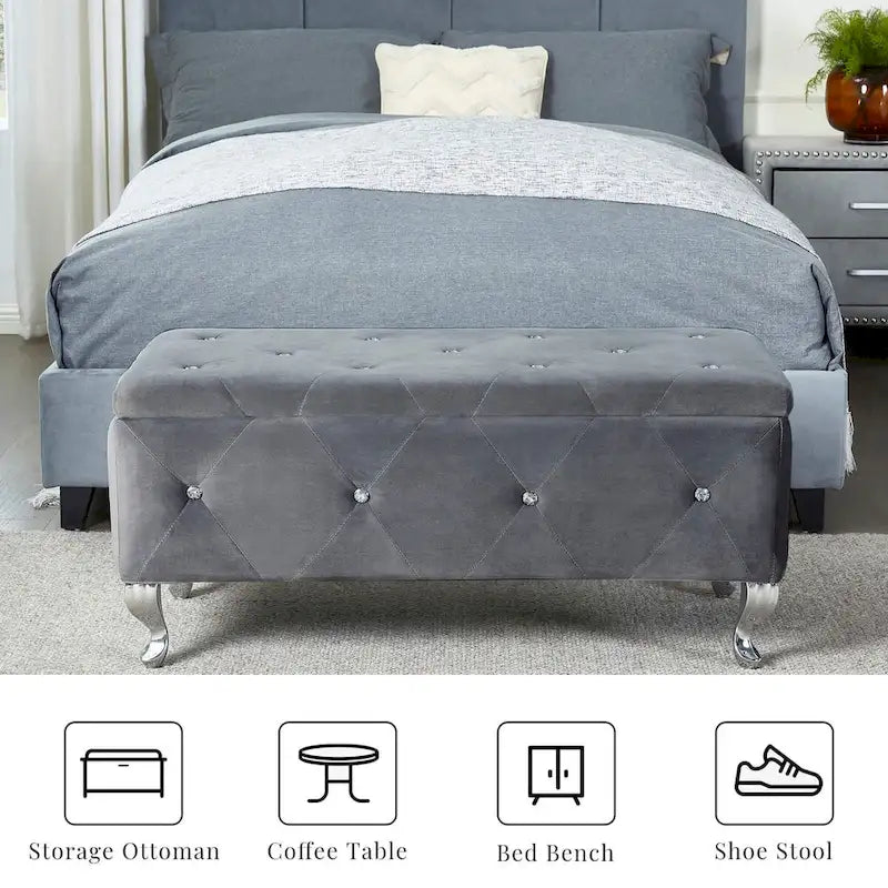Upholstered Storage Ottoman Bench For Bedroom End Of Bed Storage Benches Footrest With Crystal Buttons For Living Room Entryway