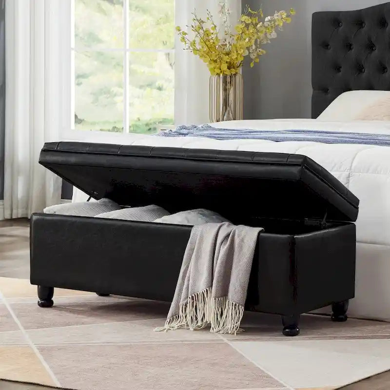 Upholstered Tufted Button Storage Bench with Spindle Wooden Legs - 45x18x18H