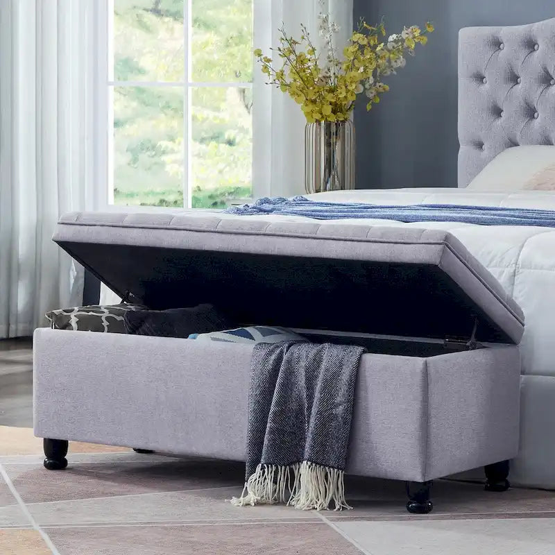 Upholstered Tufted Button Storage Bench with Spindle Wooden Legs - 45x18x18H