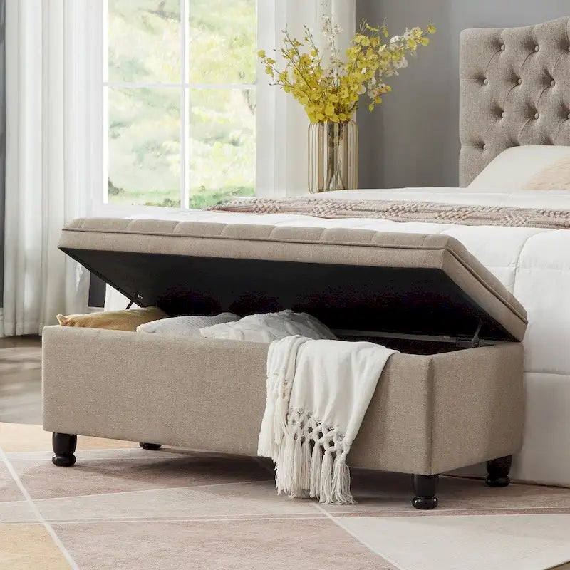 Upholstered Tufted Button Storage Bench with Spindle Wooden Legs - 45x18x18H