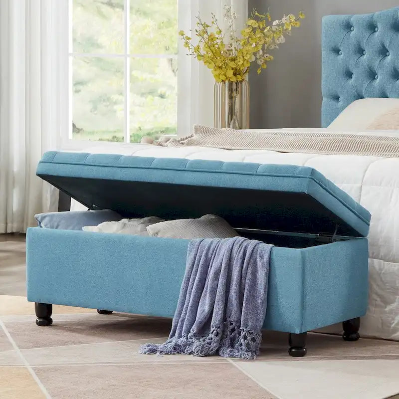 Upholstered Tufted Button Storage Bench with Spindle Wooden Legs - 45x18x18H