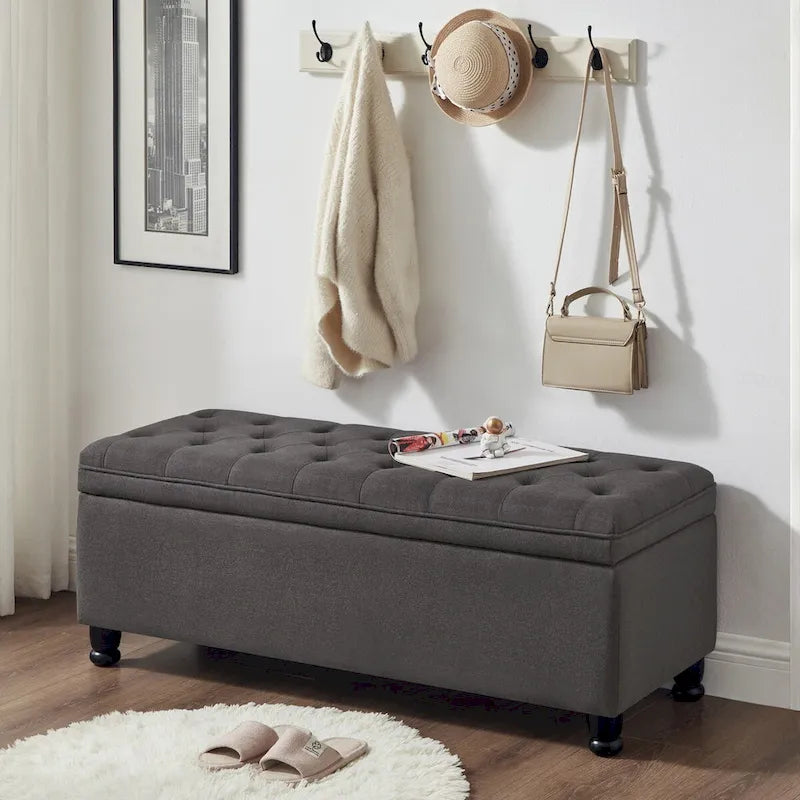 Upholstered Tufted Button Storage Bench with Spindle Wooden Legs - 45x18x18H
