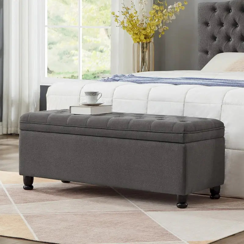Upholstered Tufted Button Storage Bench with Spindle Wooden Legs - 45x18x18H