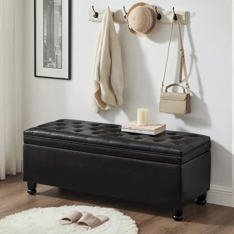 Upholstered Tufted Button Storage Bench with Spindle Wooden Legs - 45x18x18H