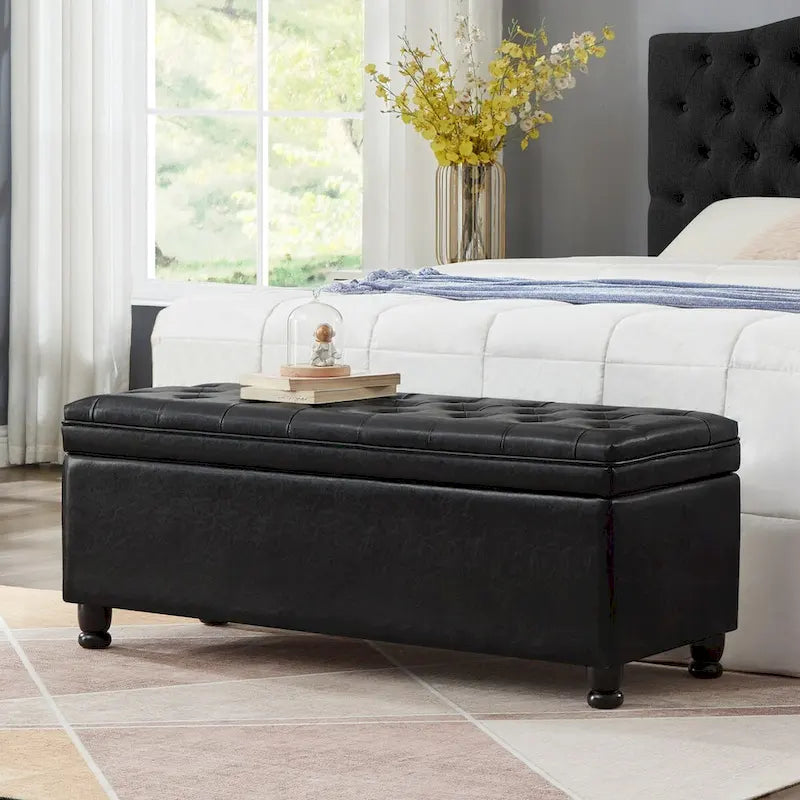 Upholstered Tufted Button Storage Bench with Spindle Wooden Legs - 45x18x18H