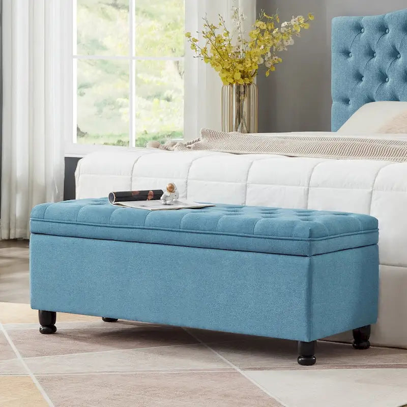 Upholstered Tufted Button Storage Bench with Spindle Wooden Legs - 45x18x18H