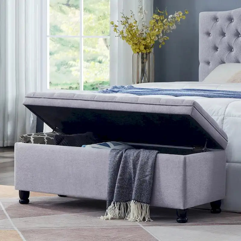 Upholstered Tufted Button Storage Bench with Spindle Wooden Legs - 45x18x18H