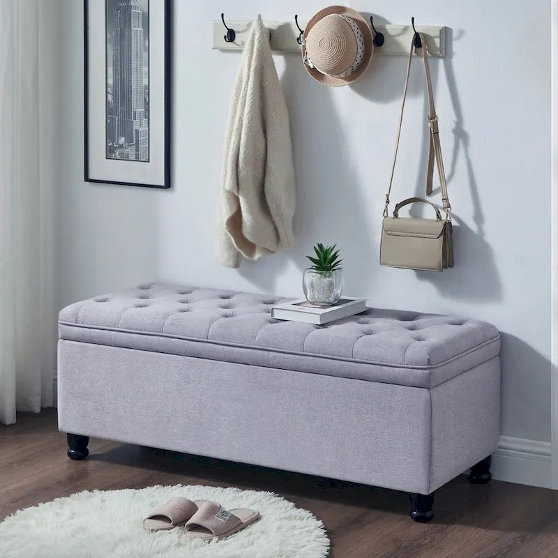 Upholstered Tufted Button Storage Bench with Spindle Wooden Legs - 45x18x18H