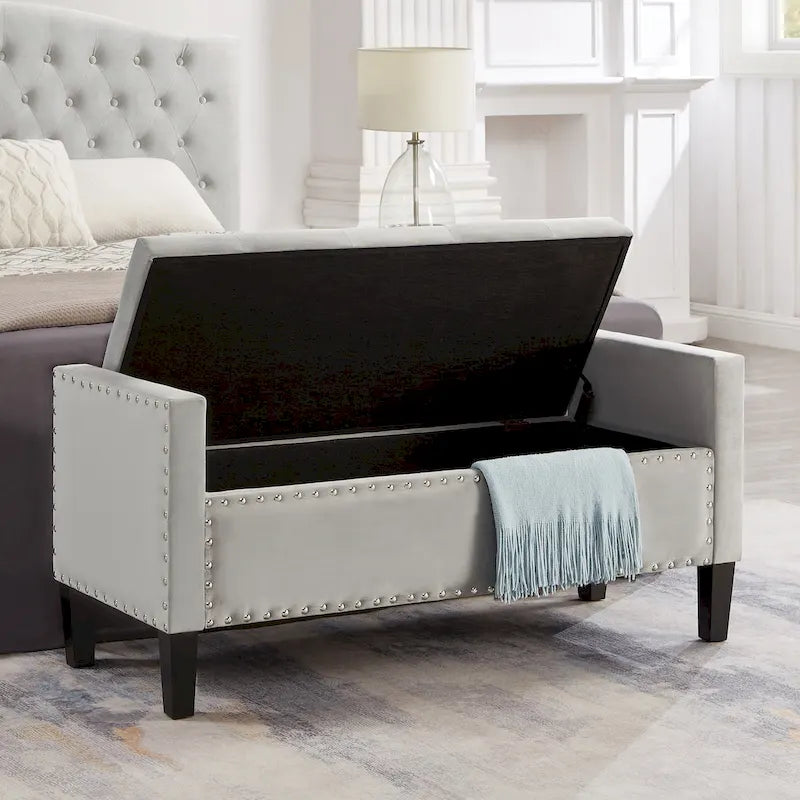 Upholstered Tufted Button Storage Bench with nails trim