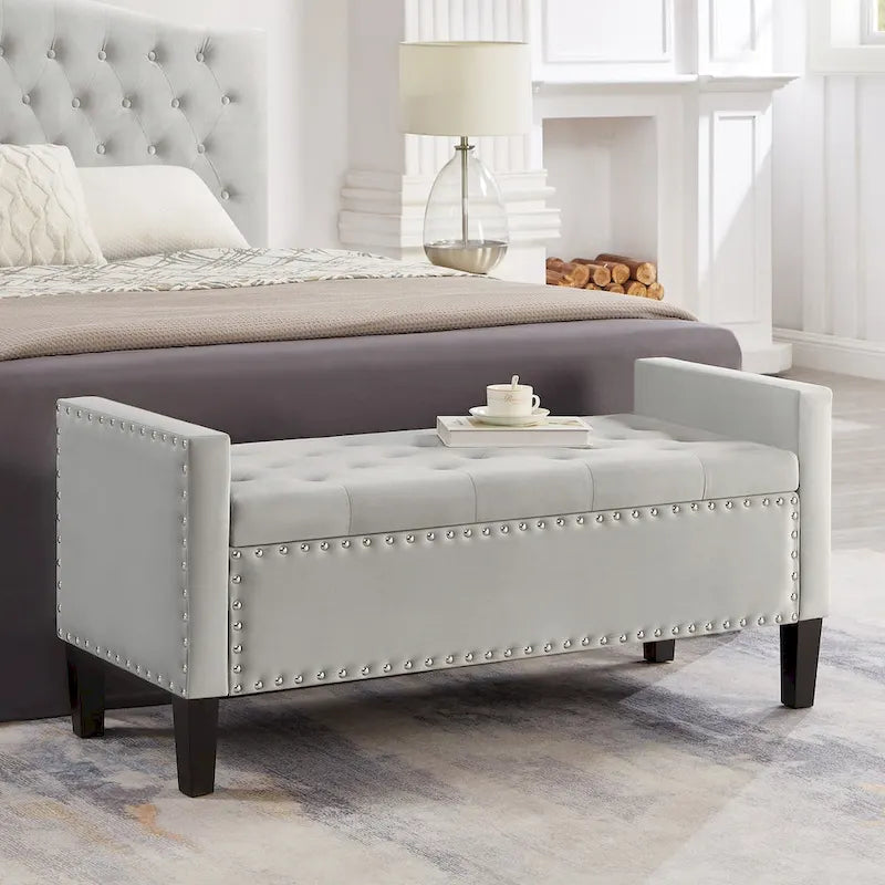 Upholstered Tufted Button Storage Bench with nails trim