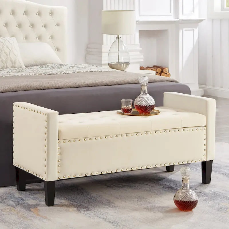 Upholstered Tufted Button Storage Bench with nails trim