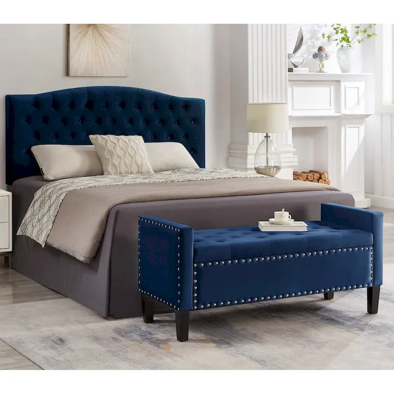 Upholstered Tufted Button Storage Bench with nails trim