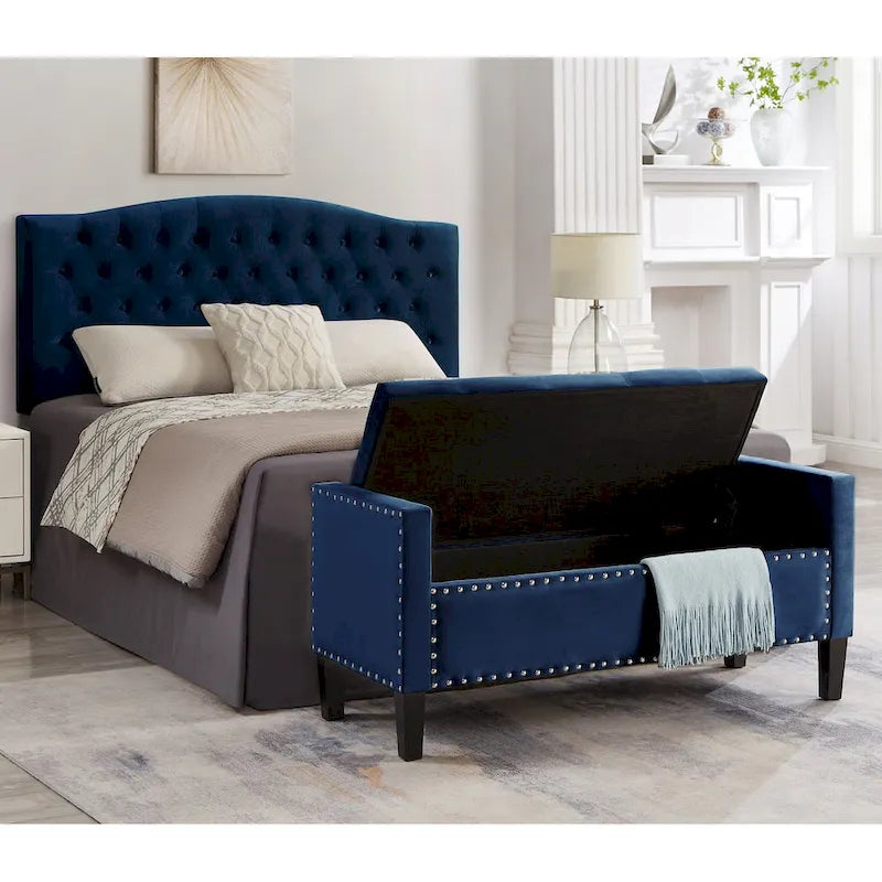 Upholstered Tufted Button Storage Bench with nails trim