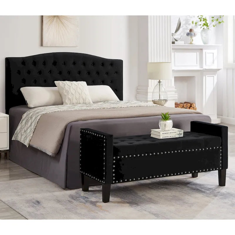 Upholstered Tufted Button Storage Bench with nails trim