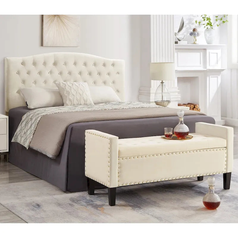 Upholstered Tufted Button Storage Bench with nails trim