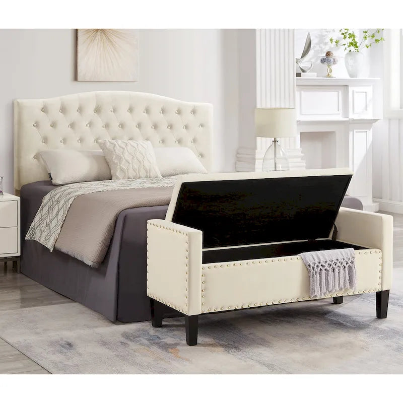Upholstered Tufted Button Storage Bench with nails trim