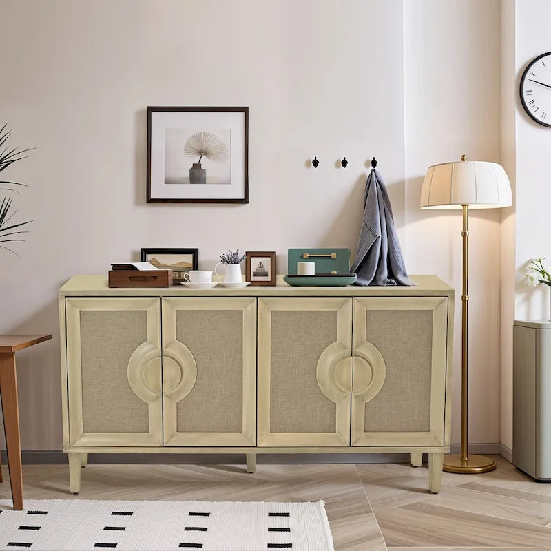 59.84Elegant Vintage 4-Door Cabinet with Linen Decorated Doors