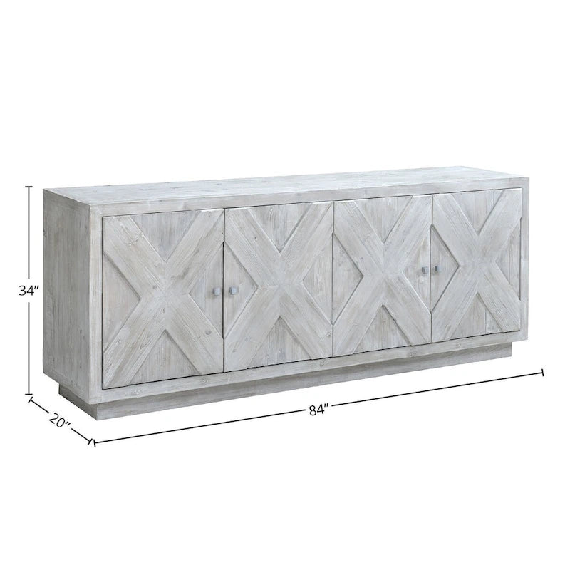 84 White Wash Reclaimed Pine Carved Sideboard