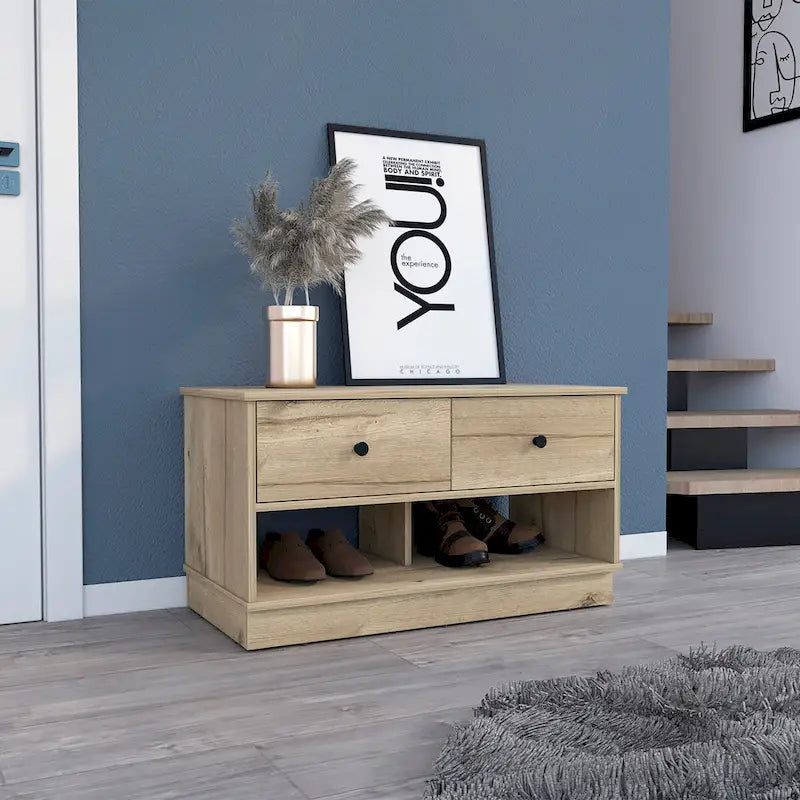 Storage Bench, Lower Shelf, Two Drawers, Light Oak Finish,High quality and durable