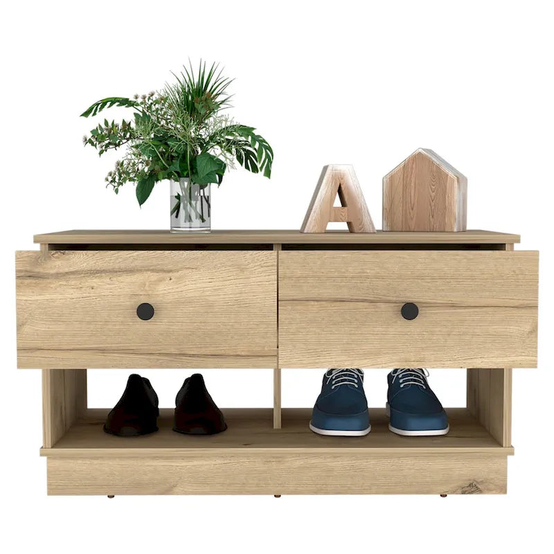 Storage Bench, Lower Shelf, Two Drawers, Light Oak Finish,High quality and durable