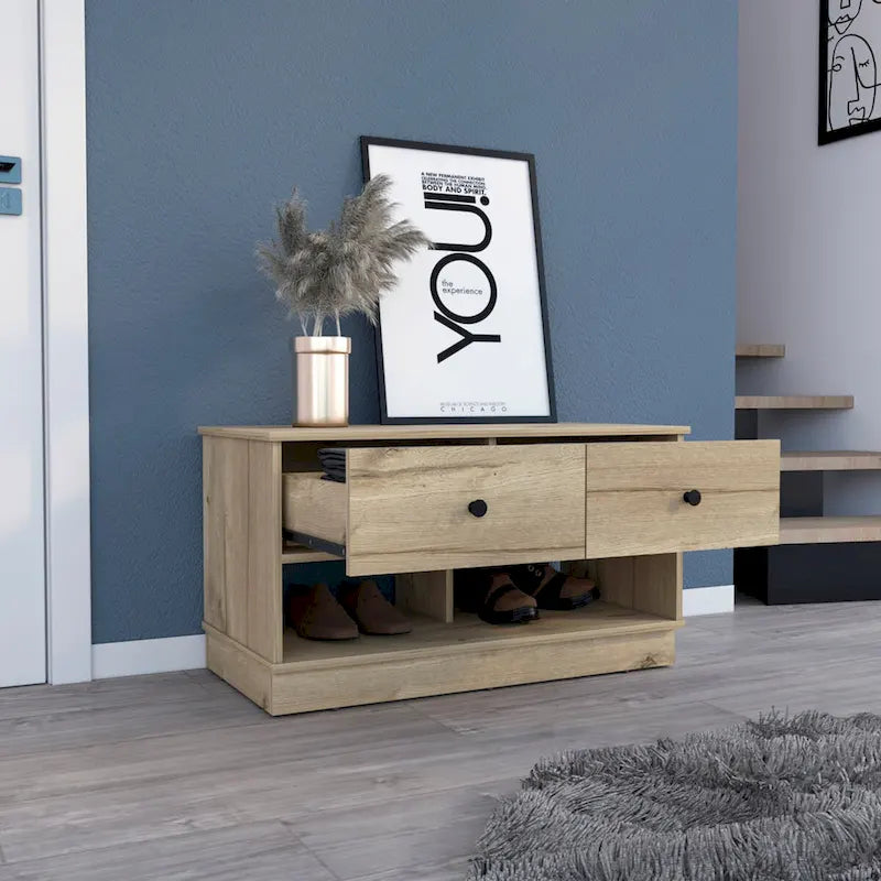 Storage Bench, Lower Shelf, Two Drawers, Light Oak Finish,High quality and durable