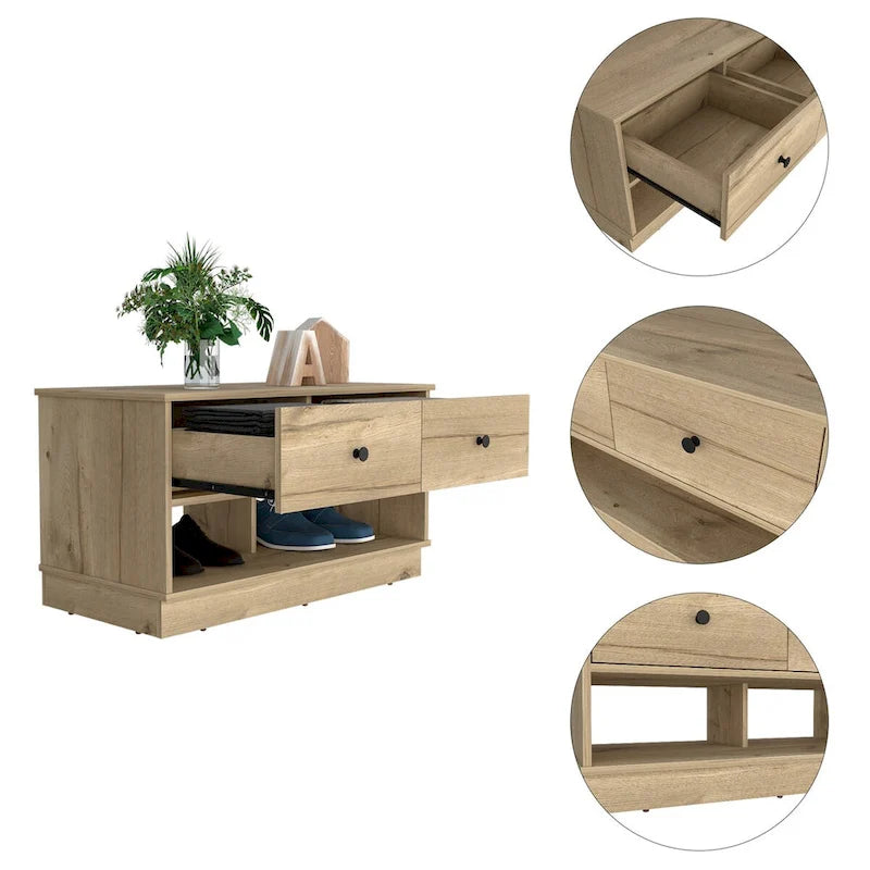 Storage Bench, Lower Shelf, Two Drawers, Light Oak Finish,High quality and durable