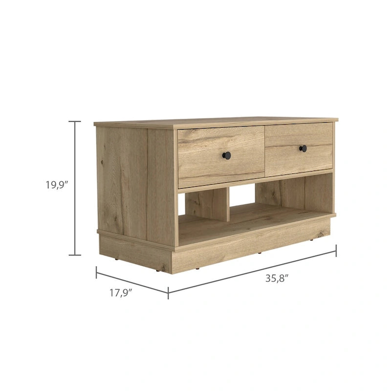 Storage Bench, Lower Shelf, Two Drawers, Light Oak Finish,High quality and durable