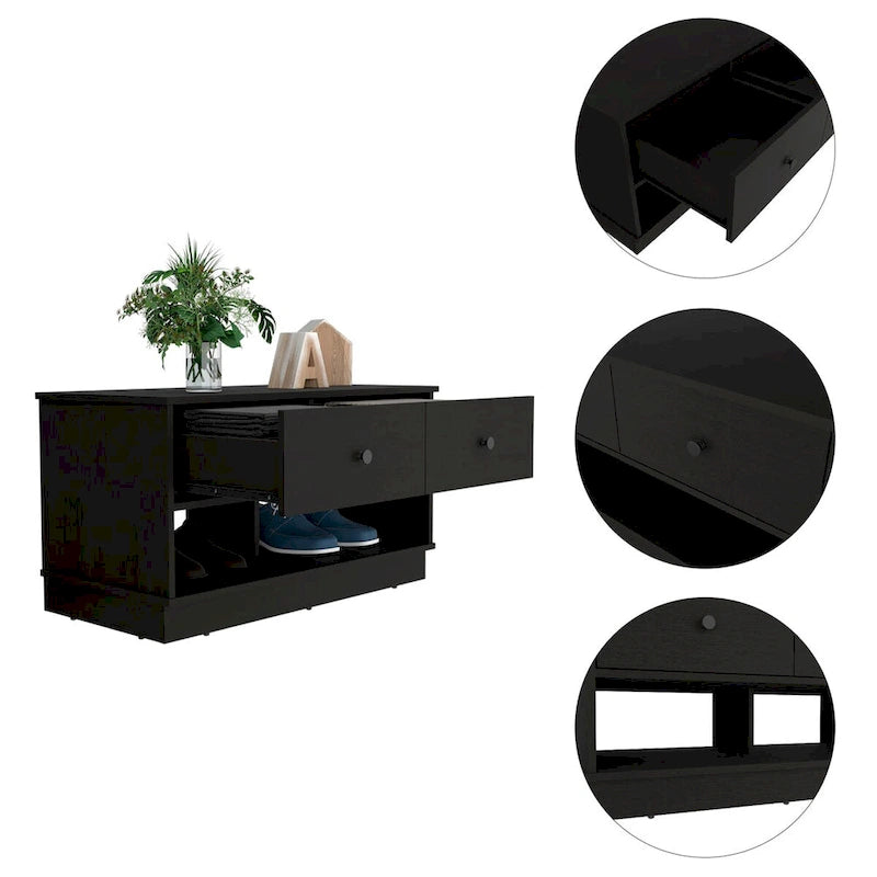 Storage Bench, Lower Shelf, Two Drawers, Light Oak Finish,High quality and durable