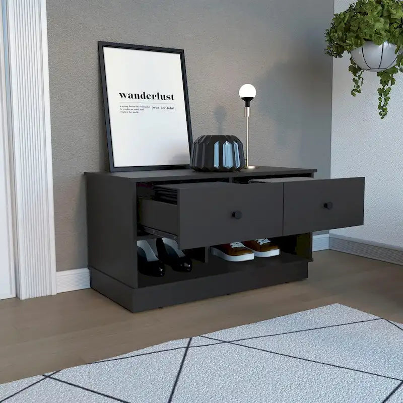 Storage Bench, Lower Shelf, Two Drawers, Light Oak Finish,High quality and durable