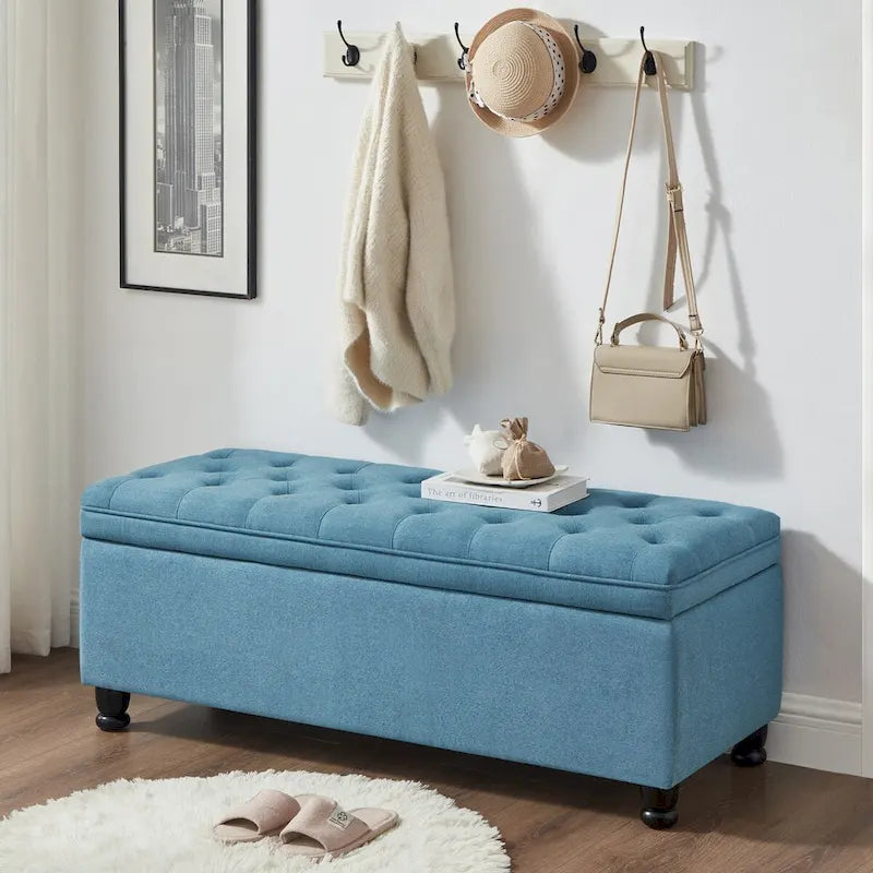 Upholstered tufted button storage bench ,Linen fabric entry bench with spindle wooden legs, Bed bench- Light Blue