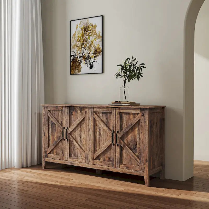 Cabinet with 4 Doors and 4 Open Shelgves,Freestanding Sideboard Storage Cabinet Entryway Floor Cabinet for Living Room Office