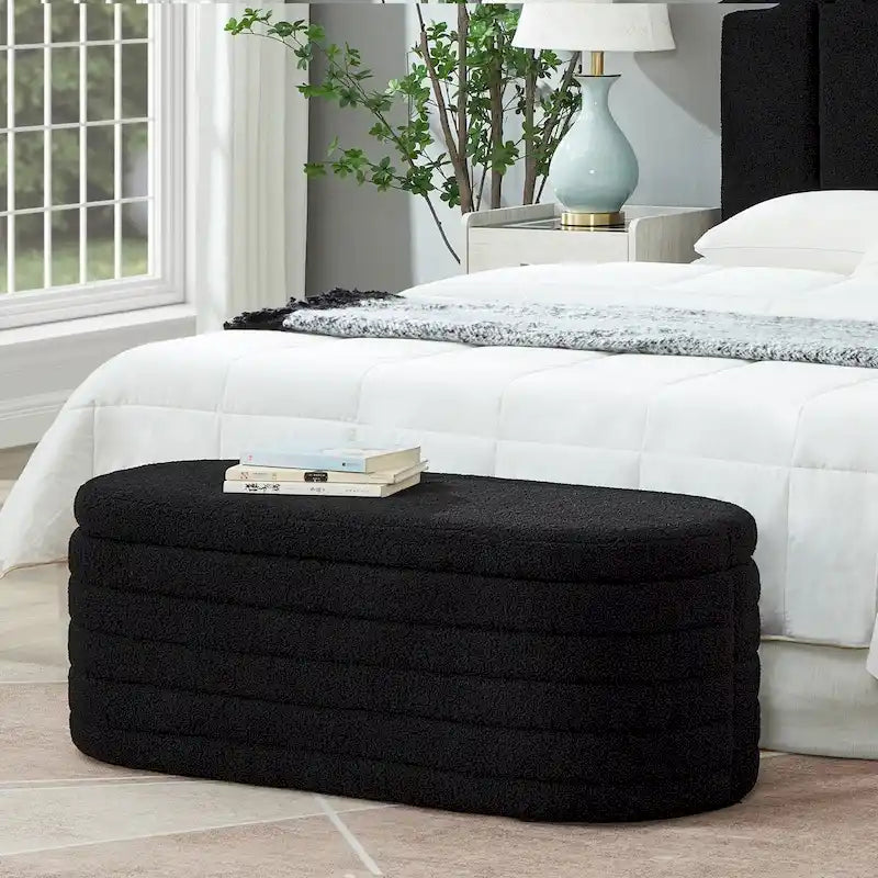 Modern Oval Storage Ottoman Bench,Upholstered Boucle Fabric End of Bed Bench with Storage,End of Bed Stool