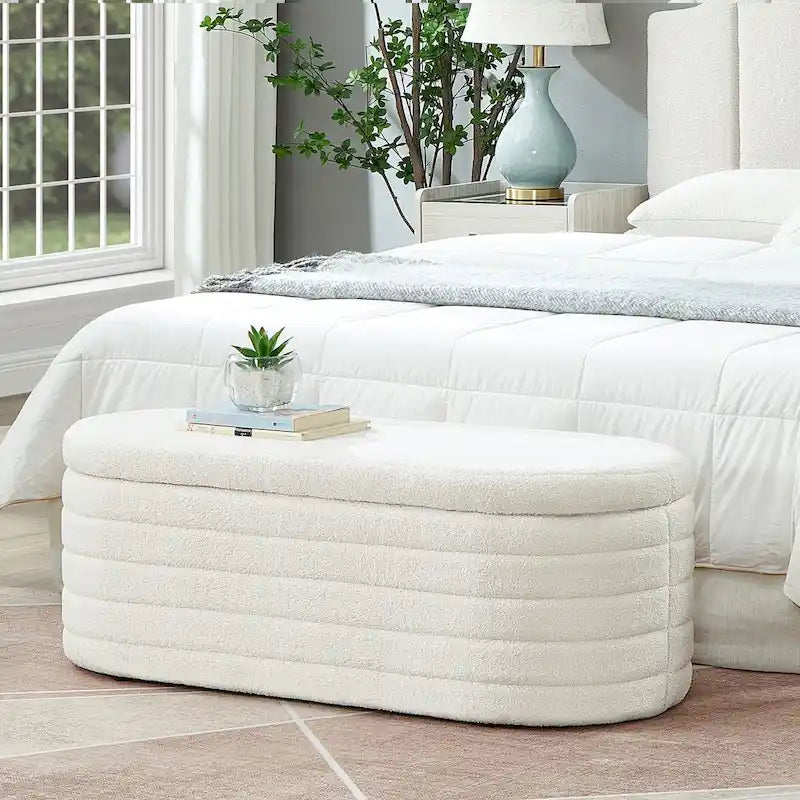 Modern Oval Storage Ottoman Bench,Upholstered Boucle Fabric End of Bed Bench with Storage,End of Bed Stool