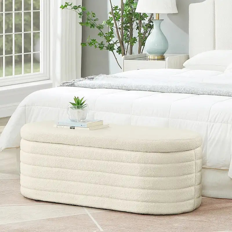 Modern Oval Storage Ottoman Bench,Upholstered Boucle Fabric End of Bed Bench with Storage,End of Bed Stool