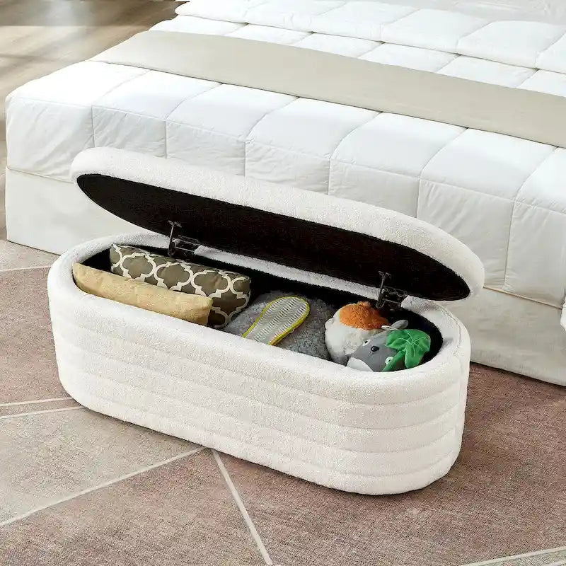 Modern Oval Storage Ottoman Bench,Upholstered Boucle Fabric End of Bed Bench with Storage,End of Bed Stool