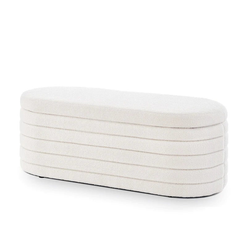 Modern Oval Storage Ottoman Bench,Upholstered Boucle Fabric End of Bed Bench with Storage,End of Bed Stool