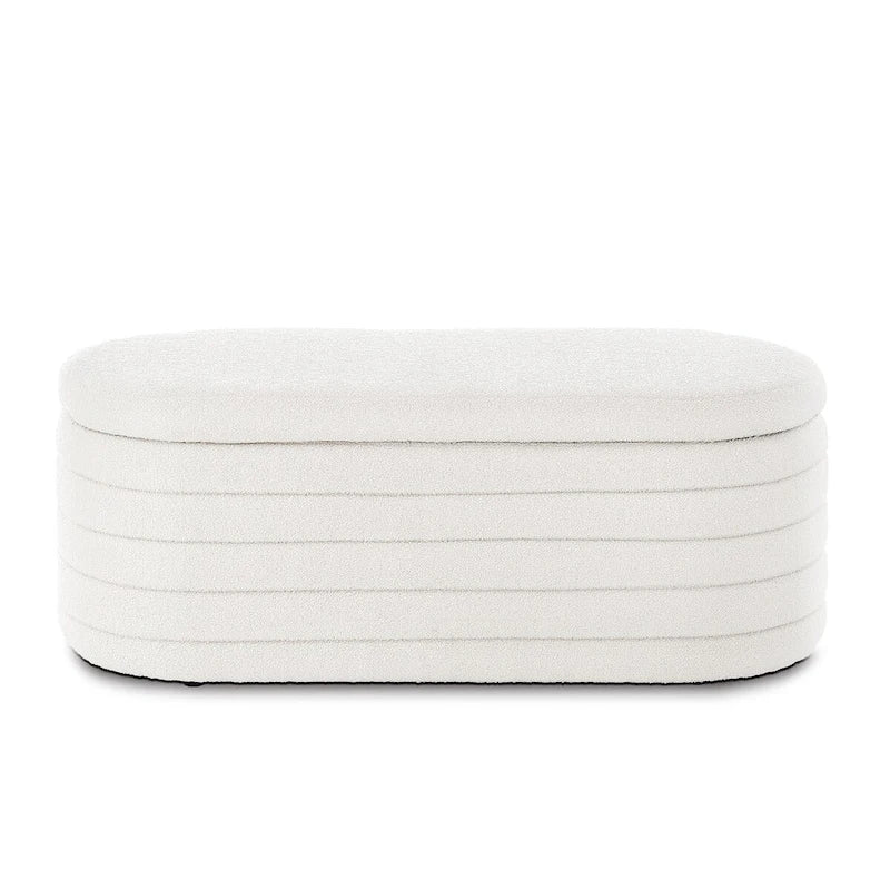 Modern Oval Storage Ottoman Bench,Upholstered Boucle Fabric End of Bed Bench with Storage,End of Bed Stool