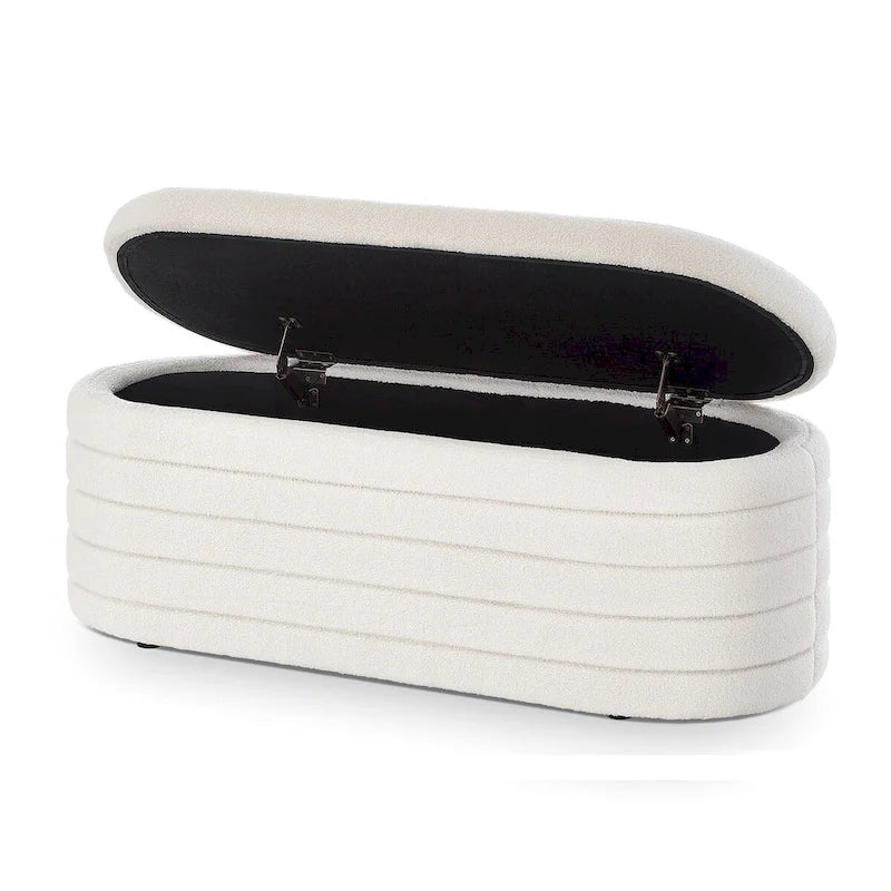 Modern Oval Storage Ottoman Bench,Upholstered Boucle Fabric End of Bed Bench with Storage,End of Bed Stool