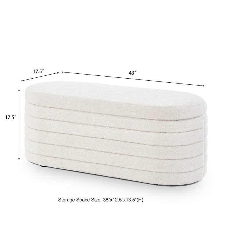 Modern Oval Storage Ottoman Bench,Upholstered Boucle Fabric End of Bed Bench with Storage,End of Bed Stool
