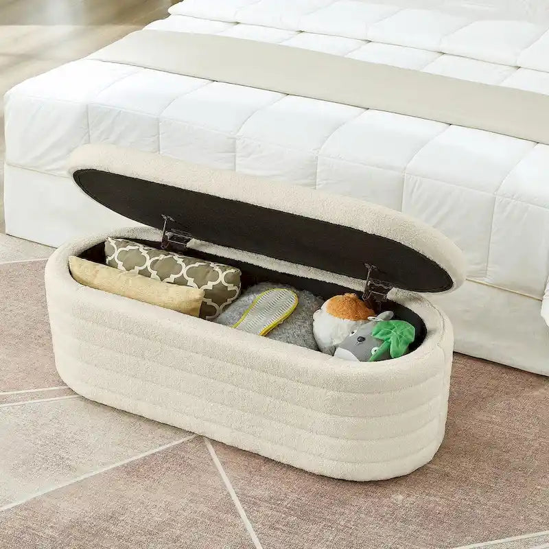Modern Oval Storage Ottoman Bench,Upholstered Boucle Fabric End of Bed Bench with Storage,End of Bed Stool