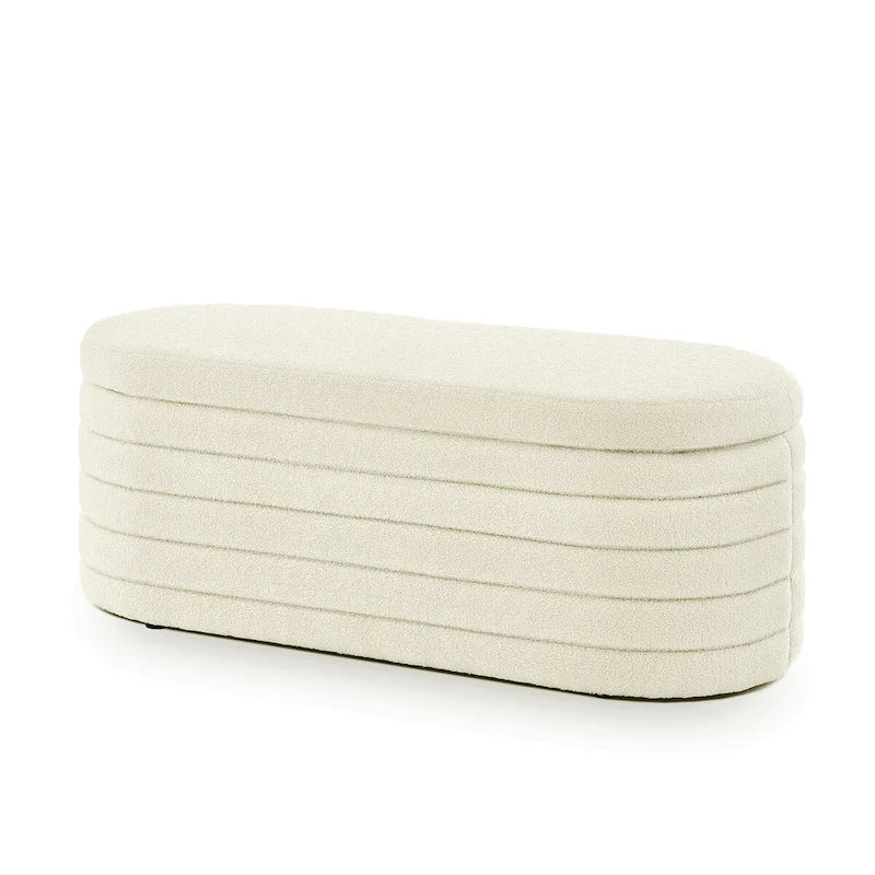 Modern Oval Storage Ottoman Bench,Upholstered Boucle Fabric End of Bed Bench with Storage,End of Bed Stool