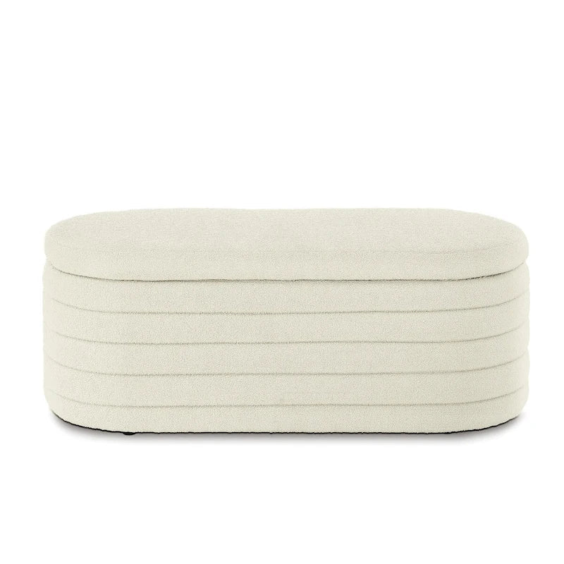Modern Oval Storage Ottoman Bench,Upholstered Boucle Fabric End of Bed Bench with Storage,End of Bed Stool