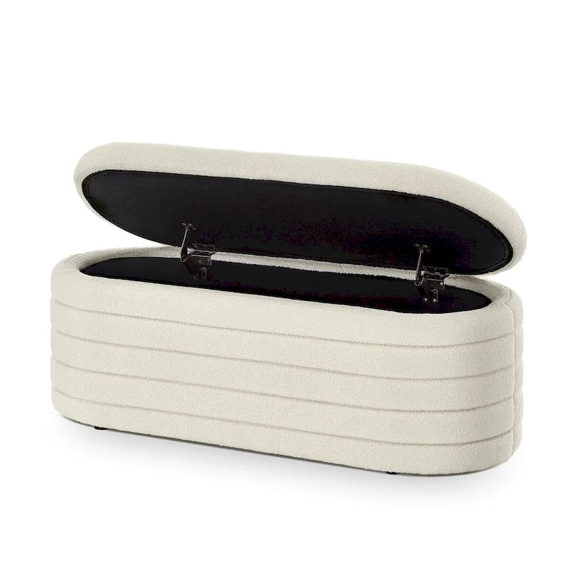 Modern Oval Storage Ottoman Bench,Upholstered Boucle Fabric End of Bed Bench with Storage,End of Bed Stool