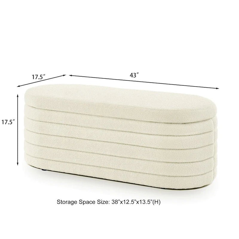 Modern Oval Storage Ottoman Bench,Upholstered Boucle Fabric End of Bed Bench with Storage,End of Bed Stool