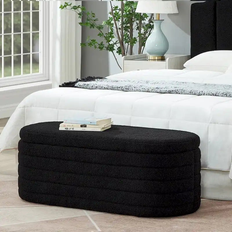 Modern Oval Storage Ottoman Bench,Upholstered Boucle Fabric End of Bed Bench with Storage,End of Bed Stool
