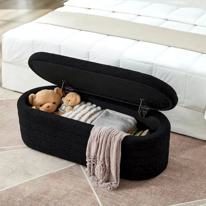 Modern Oval Storage Ottoman Bench,Upholstered Boucle Fabric End of Bed Bench with Storage,End of Bed Stool