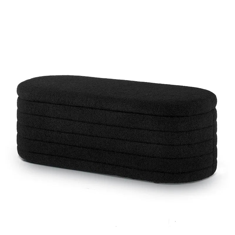 Modern Oval Storage Ottoman Bench,Upholstered Boucle Fabric End of Bed Bench with Storage,End of Bed Stool
