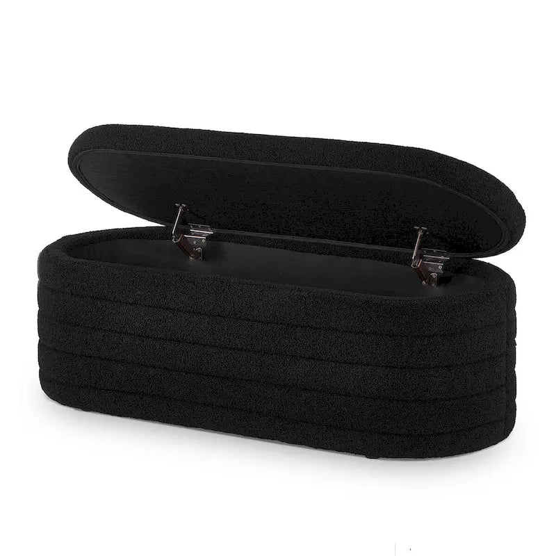 Modern Oval Storage Ottoman Bench,Upholstered Boucle Fabric End of Bed Bench with Storage,End of Bed Stool