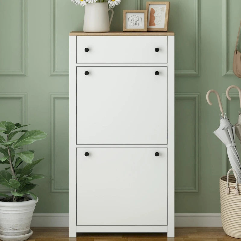 Entryway Organizer with 2 Flip Drawers, Wood Grain Pattern Top Shoe Cabinet with Drawer, Shoe Rack with Adjustable Panel